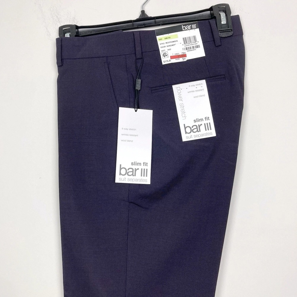 BAR III Men's Wool Blend Burgundy Slim-Fit Suit‎ Pants 30Wx32L E101489